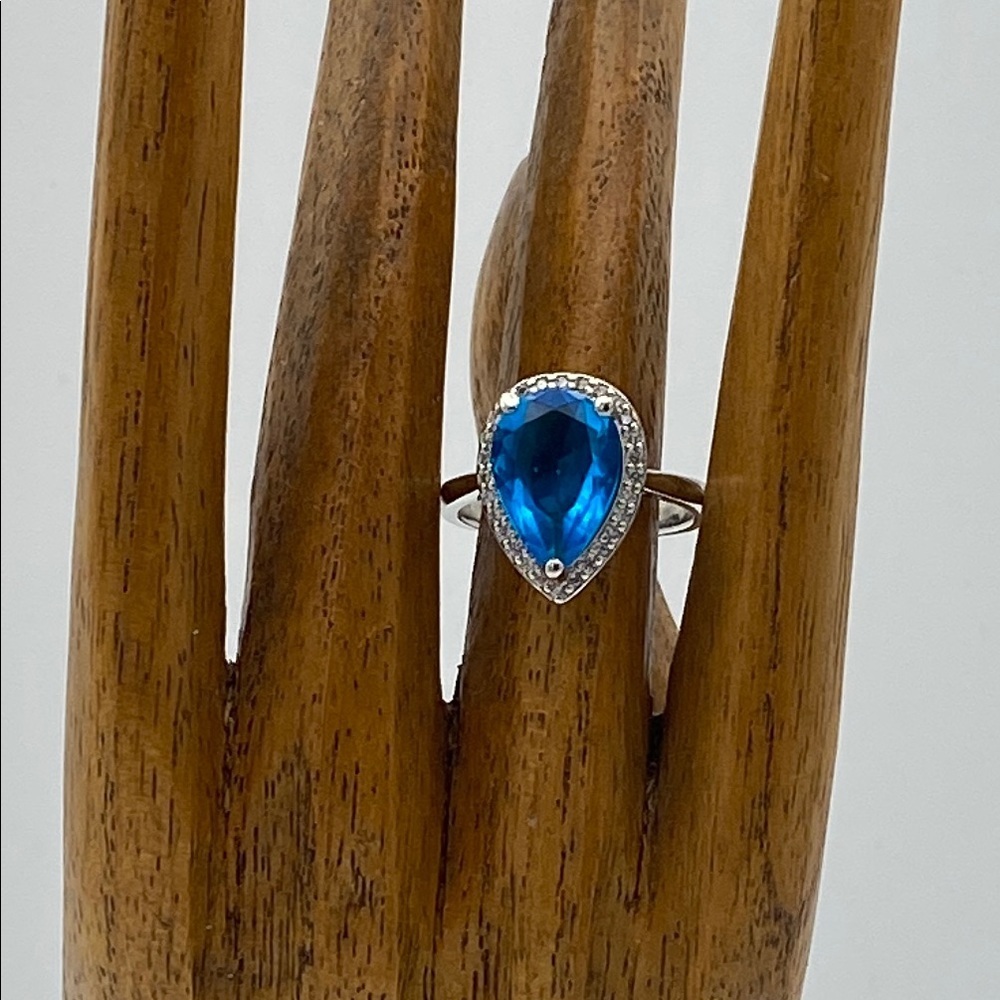 Teardrop Blue Gemstone Cocktail Ring with Crystal Halo • Silver Tone - Picture 8 of 12